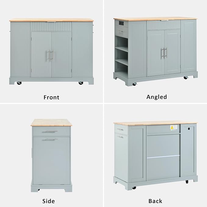 Merax Fluted Kitchen Island with Trash Can Storage Cabinet, Power Outlet, Internal Storage Rack, Rolling Kitchen Storage Cart on 5 Wheels with 3 Drawer, 3 Open Side Racks, Gray