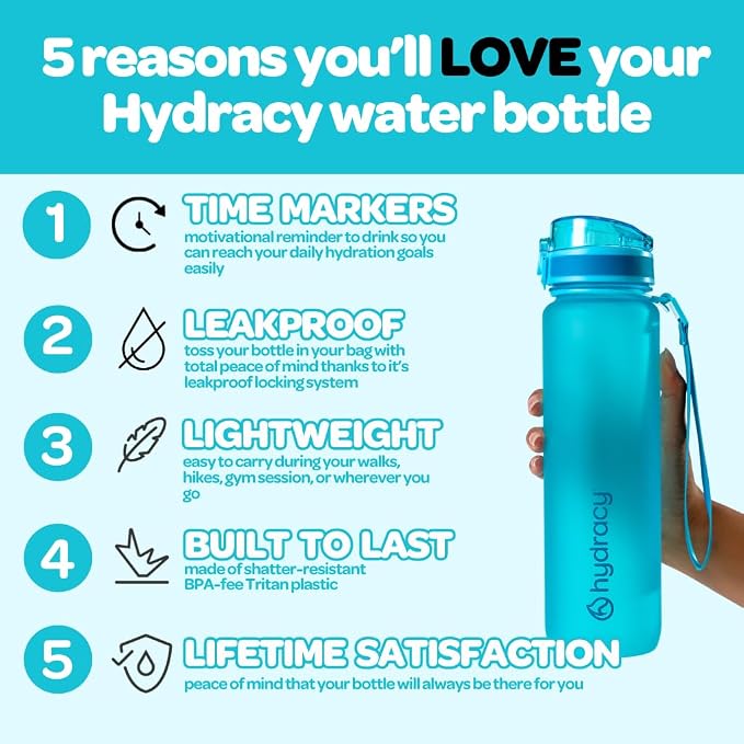 Hydracy Motivational Water Bottle with Time Marker and Straw Lid 32 oz | Leakproof,BPA Free,No Sweat Neoprene Sleeve,Carry Strap,Daily Intake Tracking for Fitness & Outdoors