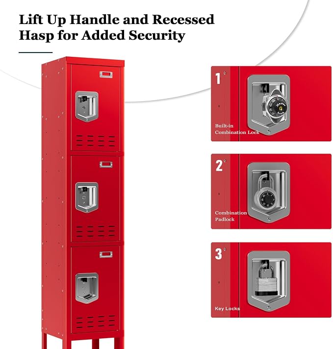 BUTISOW 3 Door Employee Metal Locker w/Card Slot for School Gym Office | Ventilated Metal Steel Locker with Mirror & Multi Hooks for Secure Storage