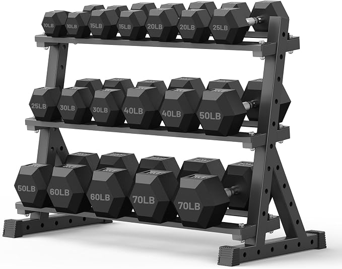 PAPABABE Dumbbell Set with Rack, 540-850lb, Rubber Encased, Home Gym | Complete & Durable Cast Iron Core Odorless PVC Antiroll Hex Shape Ergonomic Chrome Handle Versatile Home Gym