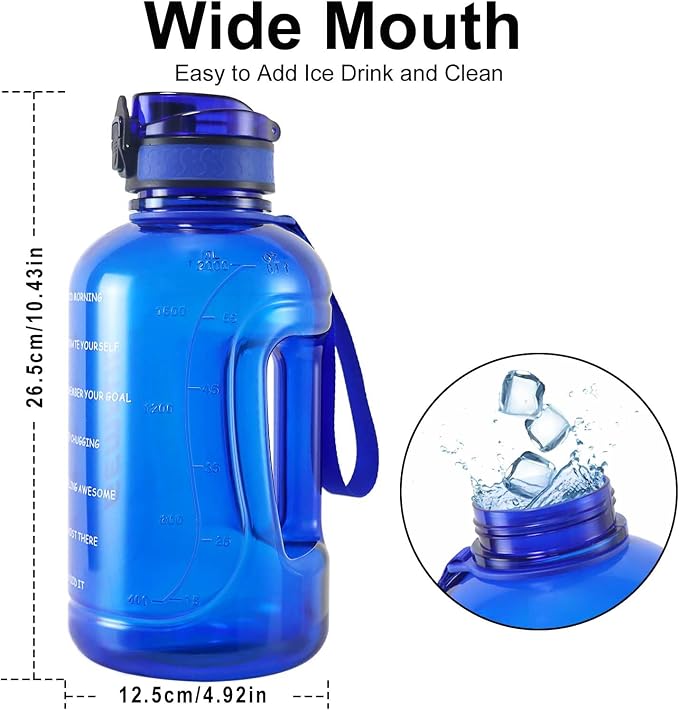 GEMFUL 2L Water Bottle with Handle 64oz Large Jug Leak-Proof (Royal Blue) | BPA-Free, 64oz Capacity, Time Marker, Chug Lid, for Gym, Fitness, Hiking, Sport, Camping, Office, Home, Wide Mouth