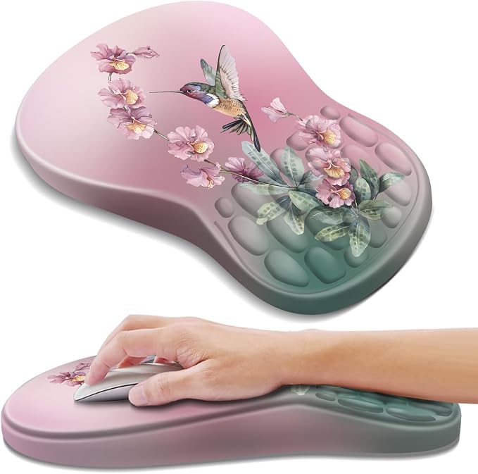 YIWEI Ergonomic Mouse Pad with Wrist Rest for Carpal Tunnel Pain Relief | Memory Foam Wrist Support,Non-Slip Rubber Base, Keyboard Computer Mousepad,Lycra Cloth Surface,Gaming Home Office,Hummingbird