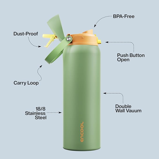 Insulated Water Bottle with Straw - Encool Stainless Steel Water Bottle with Push Button Lid, Leak-Proof & BPA-Free, Keeps Cold for 24 Hours for Sports, Travel, Gym (40 oz, Lichen-Yellow)