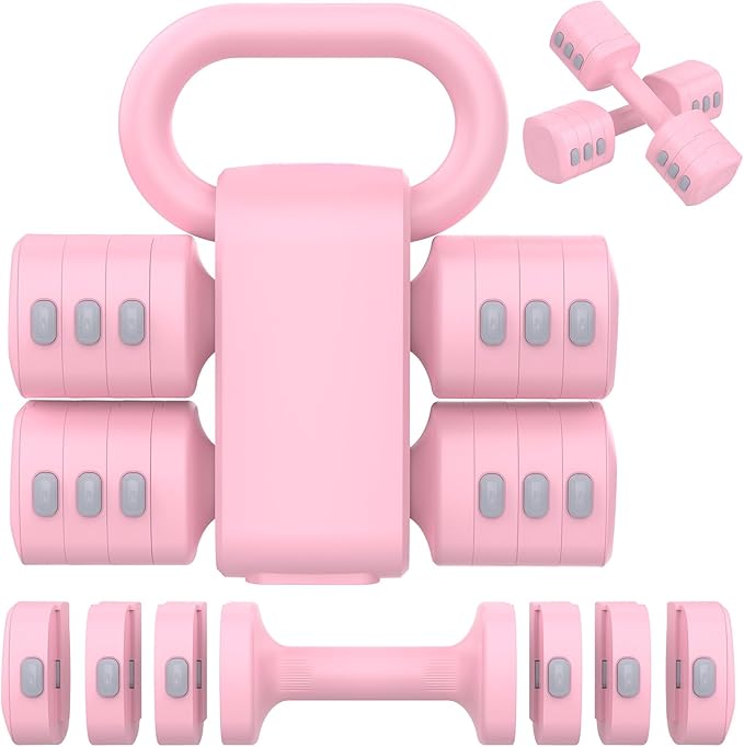 Hezeyferg Adjustable Dumbbell Set, 2-in-1 Hand Weights with Kettlebell Form | 4-Level 2.2-5.5lb Each, Dual-Button Locking, for Women Men Beginners Home Gym, Portable & Space-Efficient, Full Body Workout