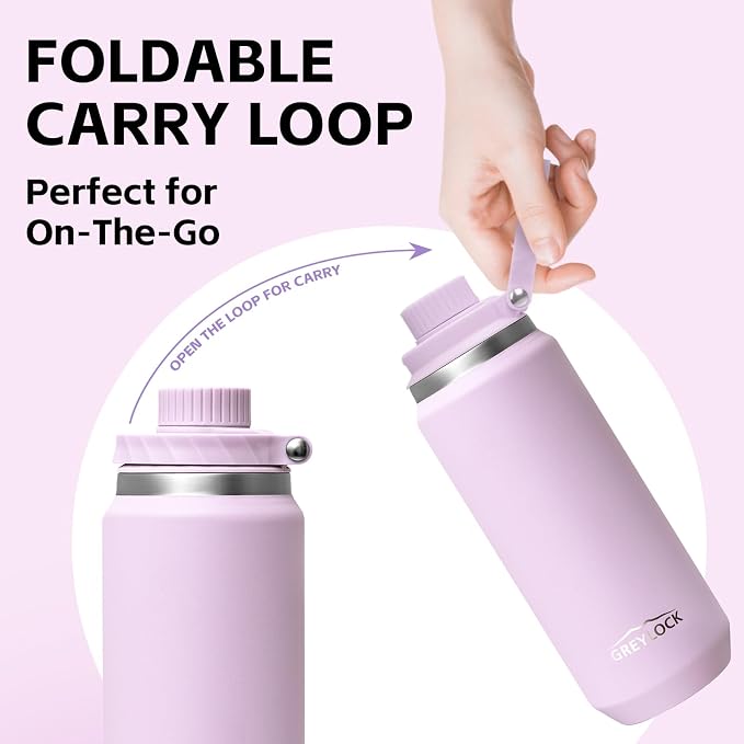 GREYLOCK 40 oz Insulated Water Bottle with Straw Lid, Leakproof Reusable Stainless Steel Vacuum Flask, 24hr Cold & Hot, Carry Handle & Silicone Spout, BPA-Free for Gym, Hiking, Travel,Purple