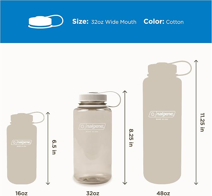 Nalgene Monochrome BPA-Free Recycled Reusable Water Bottle for Backpacking, Hiking, Gym - 32 oz Shatterproof, Cotton | BPA-Free, Durable & Lightweight, Leak Proof, Dishwasher Safe, Large Reusable Plastic Bottle for Hiking, Gym, Work & Travel