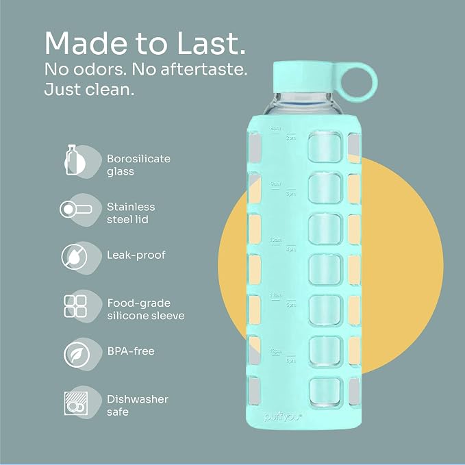 purifyou 40oz / 32oz / 22oz / 12oz Borosilicate Glass Water Bottle with Time & Volume Markers, Silicone Sleeve, Stainless Steel Lid | Reusable Glass Bottle for Water & Juice (32oz Glow-in-the-Dark)