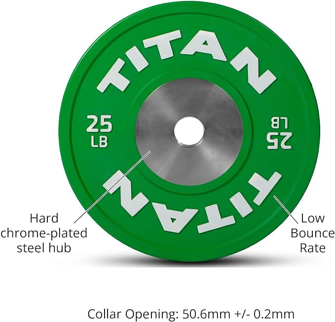 Titan Fitness Elite Olympic Bumper Plates, Competition Weight Plates, Rubber with Steel Hub Insert, Sold as a Pair, for Olympic Weightlifting and Cross-Training Workouts