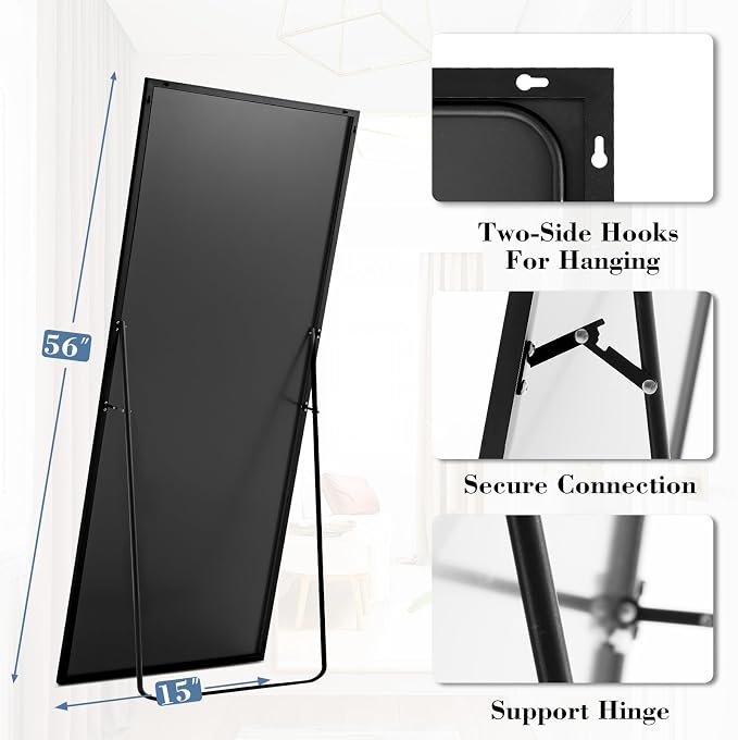 NEWBULIG 56"x15" Full Length Mirror, Full Body Standing Mirror, Black | Leaning or Standing, Tempered Glass, Aluminum Alloy Thin Frame Floor Stand for Bedroom, Cloakroom