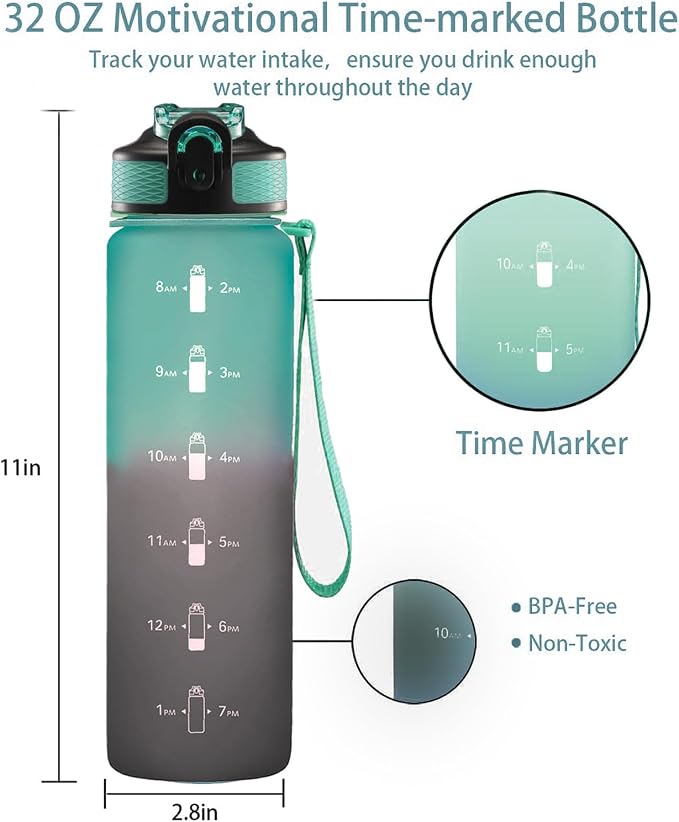 EYQ 32oz Water Bottle with Straw, Time Marker, Blue Purple | Blue Purple Tritan, BPA Free, Time Marker, Leakproof Lock Lid, Wide Mouth, for Gym, School, Office and Travel