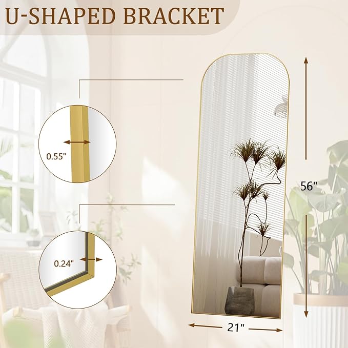 Koonmi Full Length Mirror, 56"x21" Mirror Full Length with Stand | Domed Top Square-Edged ShatterProof Floor Mirror with Gold Aluminum Alloy Frame for Bedroom Living Room Home Gym
