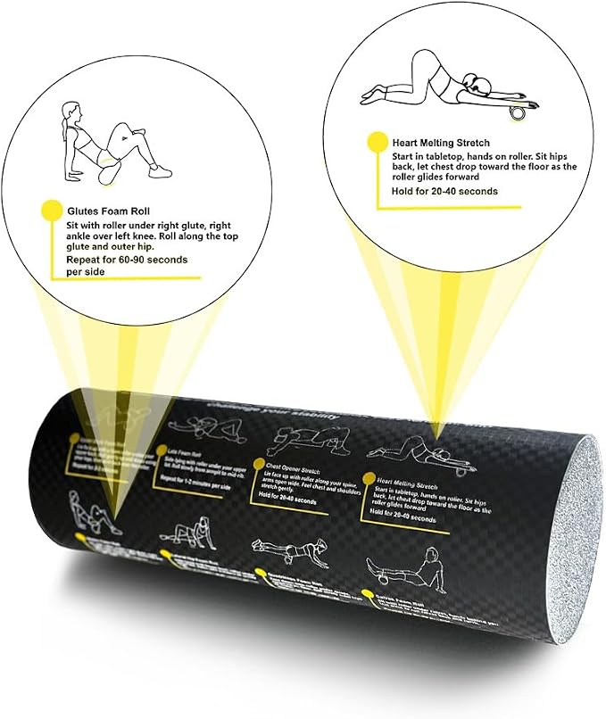 Foam Roller with Printed Exercises - 17.7''x 6'' Lightweight EPE/PE Exercise Roller Foam - Includes 12 Guided Stability, Mobility & Recovery Moves - Dual Color Instructional Design