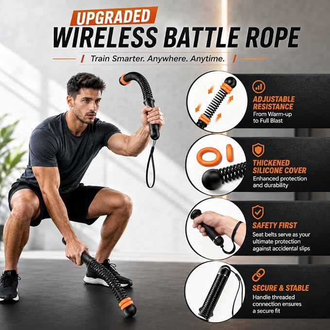Ropeless Battle Ropes for Home Gym, Portable Cordless Battle Rope with Adjustable Resistance & Weighted Handles, HIIT Strength Training & Low-Impact Cardio Workout for Men & Women