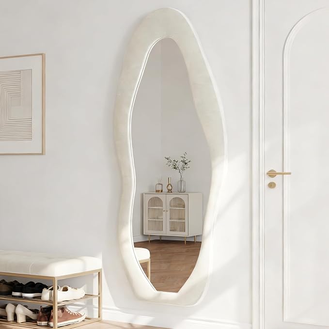 Full Length Mirror, 71"x30" Flannel Floor Mirrors with Stand | Flannel Floor Mirrors with Stand, Irregular Wavy Mirror Hanging or Leaning Against Wall for Bedroom Living Room, White