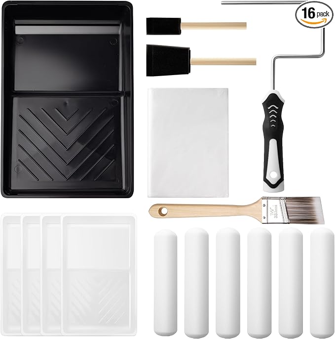 Mister Rui Paint Roller Kit, 16 Pack, 6 Inch Foam Paint Roller Set | Complete Mini Paint Kit with High-Density Foam Rollers, Brush and Sturdy Tray. Ideal for Walls, Trim and DIY Projects