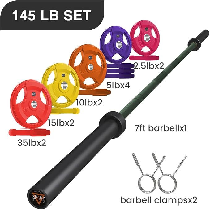 7FT Olympic Barbell Bar with Weight Plate Set Combo, Solid Olympic Bar with Bearings, 700Lbs Capacity Weight Bar for Home Gym Strength Training, Weightlifting, Powerlifting, Fit for 2" Olympic Plates