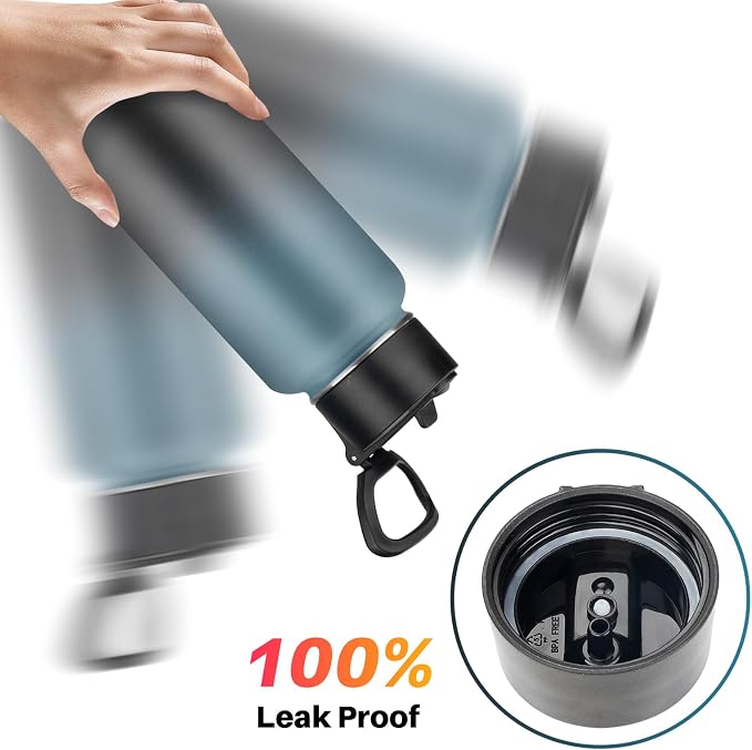 Insulated Water Bottle With Straw,32 oz Vacuum Insulated Stainless Steel Sports Water Flask,Keeps Cold and Hot,Metal Water Bottle Wide Mouth for Gym Travel Camping (Blue & Black)