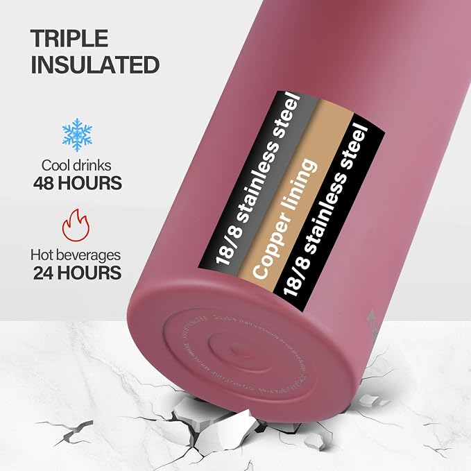 KXIAOCHEN Insulated Water Bottle with Strap, 48-Hour Cold, 2 Lids | Triple-wall insulation, lead-free 18/8 Stainless steel, paracord handle, carabiner clip, for gym, hiking, camping and travel