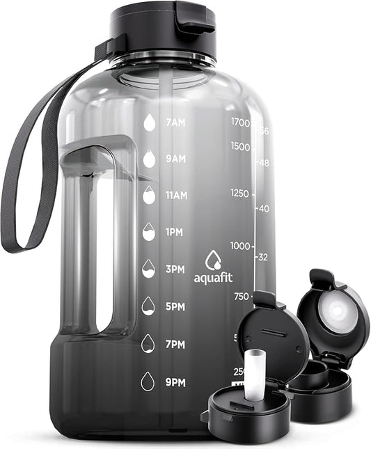 AQUAFIT Half Gallon Water Bottle with Time Marker | BPA Free Half Gallon Water Bottle with Straw and Chug Lids - Leakproof Gym Water Bottle with Carry Handle (Gun Gray)