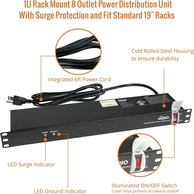Tecmojo 1U Rack-Mount Horizontal 8-Outlet PDU, UL Listed PDU with Surge Protection 6ft Cord Power Distribution for IT and Network Server Racks
