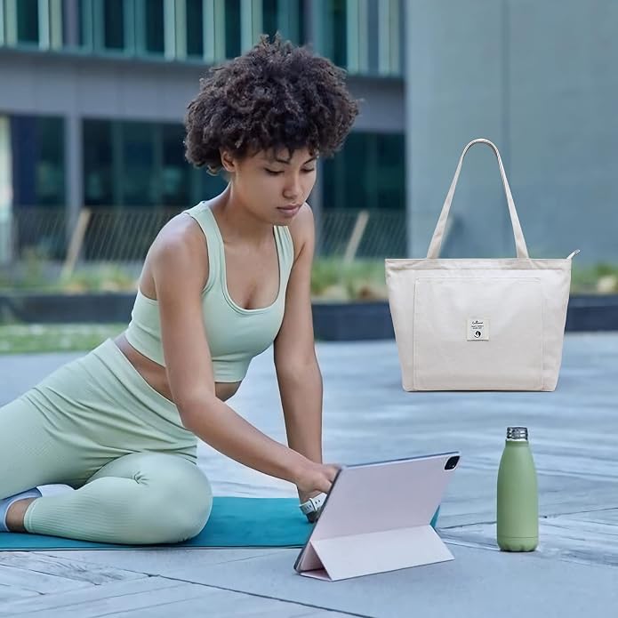 WLLWOO Yoga Mat Carrier Bag for Women Canvas Carryall Tote Gym Pilates | Large Holder Zipper Shoulder for Beach Travel Workout Fitness Office