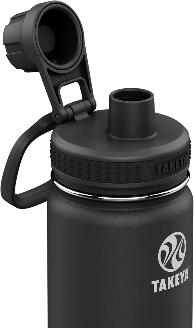 Takeya Actives Stainless Steel Water Bottle, Insulated Spout Lid, Keeps Drinks Cold 24 Hrs, Leakproof, Durable, Dishwasher Safe, Ideal for Gym, Travel, Fits Most Cup Holders, 24 oz/Onyx