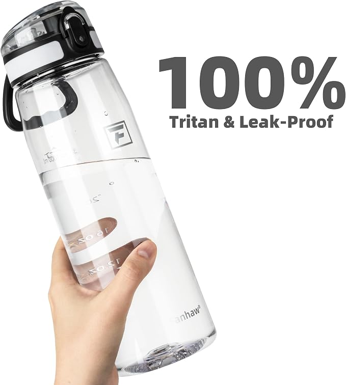 Fanhaw 32 oz Clear Plastic Water Bottle, BPA Free Leakproof Tritan Sports Water Bottle with Chug Lid, Wide Mouth Reusable Bottle for Gym, Travel, School & Office (Clear & White)
