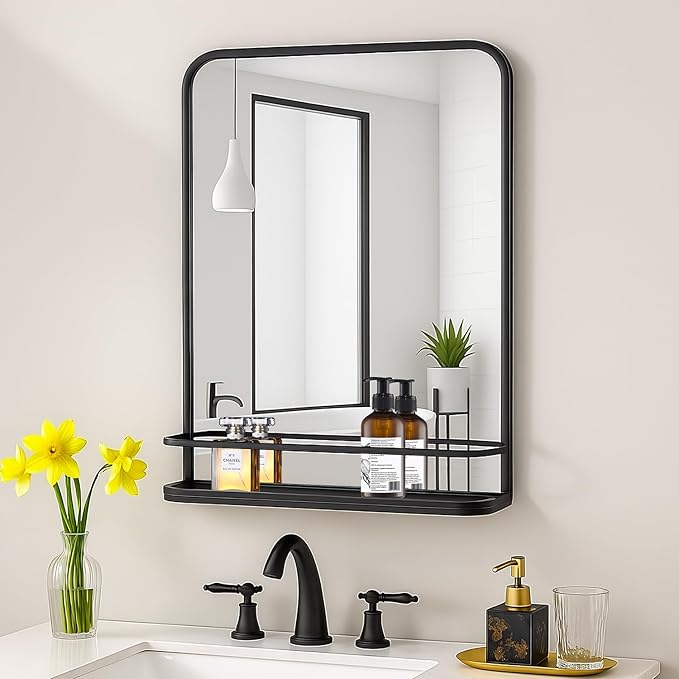 VASUHOME Black Bathroom Mirror with Shelf - Bathroom Vanity Mirror with Metal Frame with Rounded Corners - 26.8" x 21.3" - Perfect for Living Room, Bedroom, Bathroom, Entryway