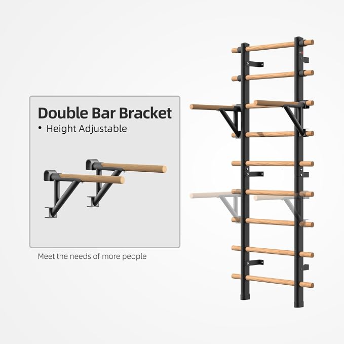 DHT Wood Stall Bar, Swedish Ladder Suspension Trainer with 9 Strategic Rods, for Home, Gym, School and Clinics, Black