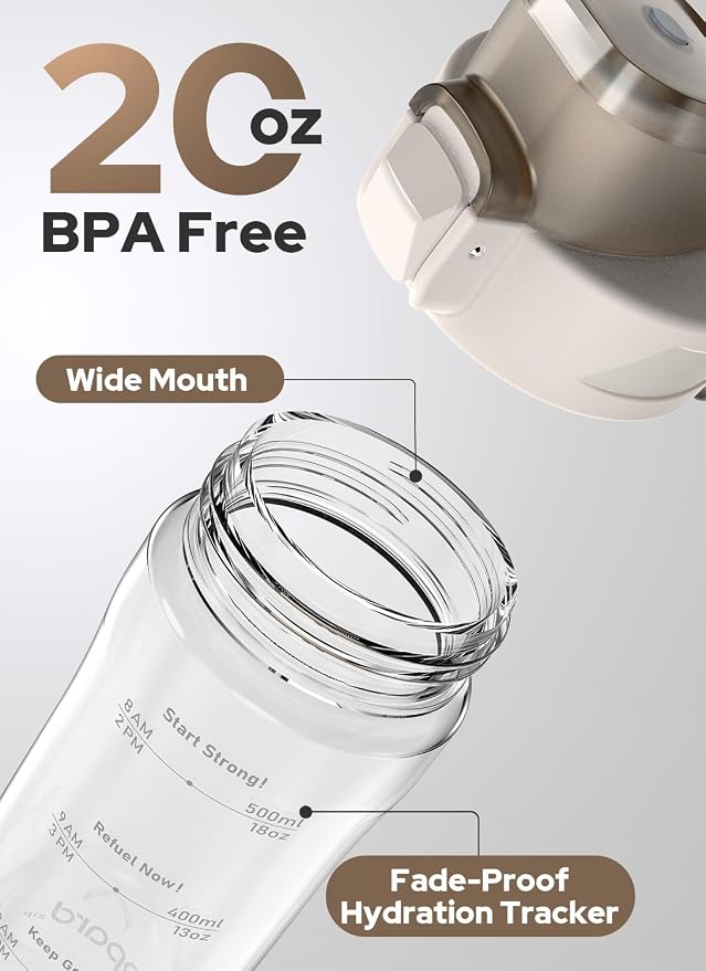 Opard Zip 20oz Plastic Water Bottle Dishwasher Safe, Leakproof Flip-Top Lid, BPA Free Tritan, Wide Mouth Reusable Kids Water Bottle for School Hiking Commuting Outdoor Travel and Gym