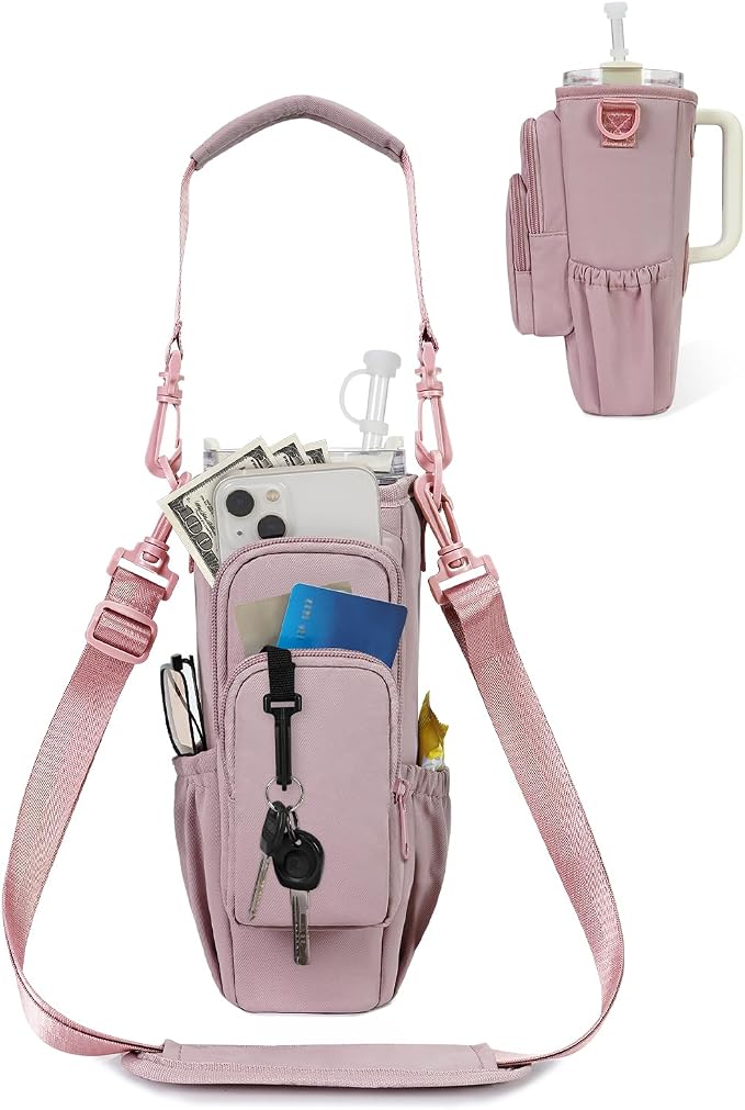 sportsnew 30/40oz Crossbody Water Bottle Holder Anti-Tip Tumbler Carrier | Lightweight Bottle Sling Fits Handled Tumbler w/ Phone Pocket, Adjustable Strap, Insulated Lining, Hands-free for Hiking Gym