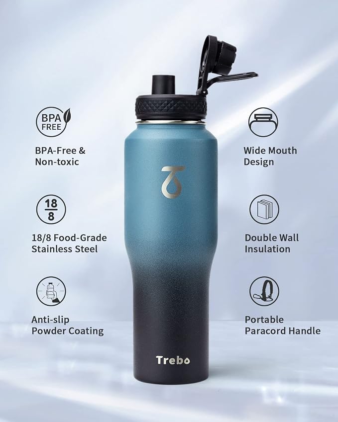 Trebo 32 oz Water Bottle Insulated Fits in Any Car Cup Holder with 2 Lids | Stainless Steel T-shape Tumbler with Paracord Handle, Triple Wall Vacuum Copper Plated, Cold 48 Hrs for Travel, Leakproof