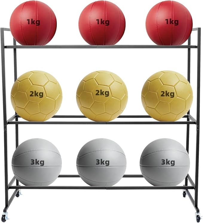 3 Tier Medicine Ball Rack with Wheels, Rolling Weight Ball Storage Stand for Home Gym with 20 lbs Capacity Per Shelf, Heavy Duty Fitness Holder for Slam Balls Wall Balls Exercise Balls, Indoor/Outdoor