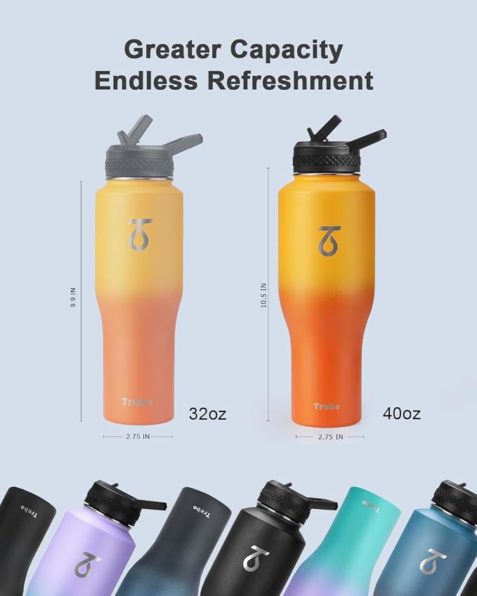 Trebo 40 oz Water Bottle Insulated Fit in Any Car Cup Holder with 2 Lids | Stainless Steel T-shape Tumbler with Paracord Handle, Triple Wall Vacuum Copper Plated, Cold 48 Hrs for Travel, Wide Mouth