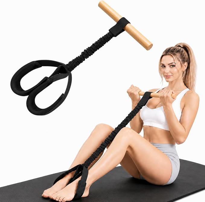 Foot Pedal Resistance Band with Wooden Handles | Sit-Up Exercise Pull Rope for Abs, Arms & Legs, Portable Home Workout Equipment with Soft Foot Loops