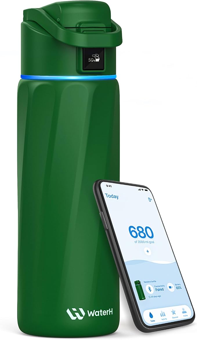 WaterH BOOST Smart Water Bottle Tracker with Reminder to Drink Water, 24oz | BPA-Free Double Wall Vacuum Insulated Stainless Steel, Leakproof, Smart App Tracking, Fits Cup Holders, Wide Mouth for School
