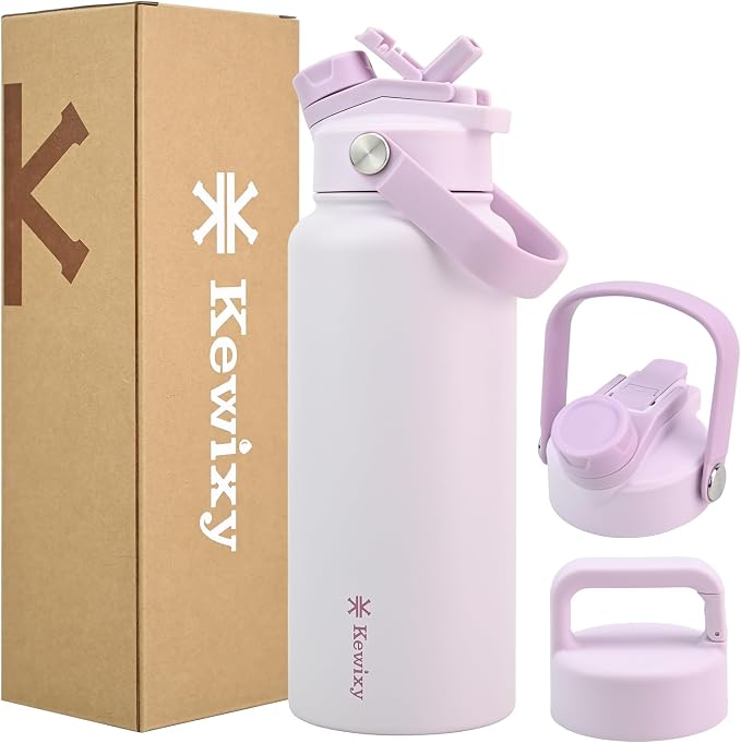 KEWIXY 32 oz Insulated Water Bottle, 2-in-1 Lid, Straw & Spout with Protected, Leak Proof, Keep Cold, Stainless Steel, Metal, Reusable, Handle, for Outdoor, Gym and School, 2 Lids, Pale Mauve