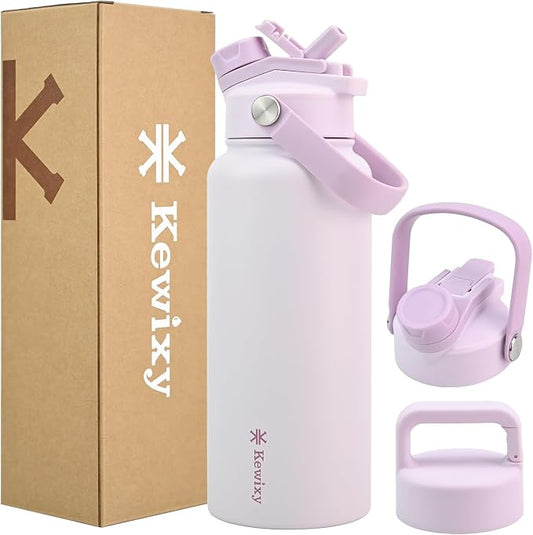 KEWIXY 32 oz Insulated Water Bottle, 2-in-1 Lid, Straw & Spout with Protected, Leak Proof, Keep Cold, Stainless Steel, Metal, Reusable, Handle, for Outdoor, Gym and School, 2 Lids, Pale Mauve