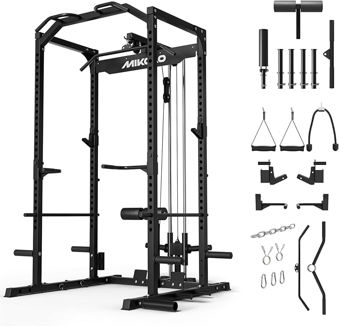Mikolo F4 2.0 Power Cage with Dual-Track Smooth Pulley System, 1200LBS Power Rack with Leg Hold-Down for Heavy LAT Pulldowns