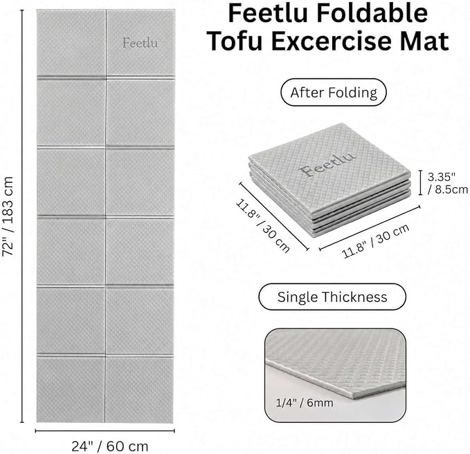 Foldable Yoga Mat, 6mm Thick, 72L x 24W Inch, Lightweight, Anti-Slip, and Easy to Store – Perfect for Travel, Yoga, Pilates, Home Workouts, and Floor Exercises