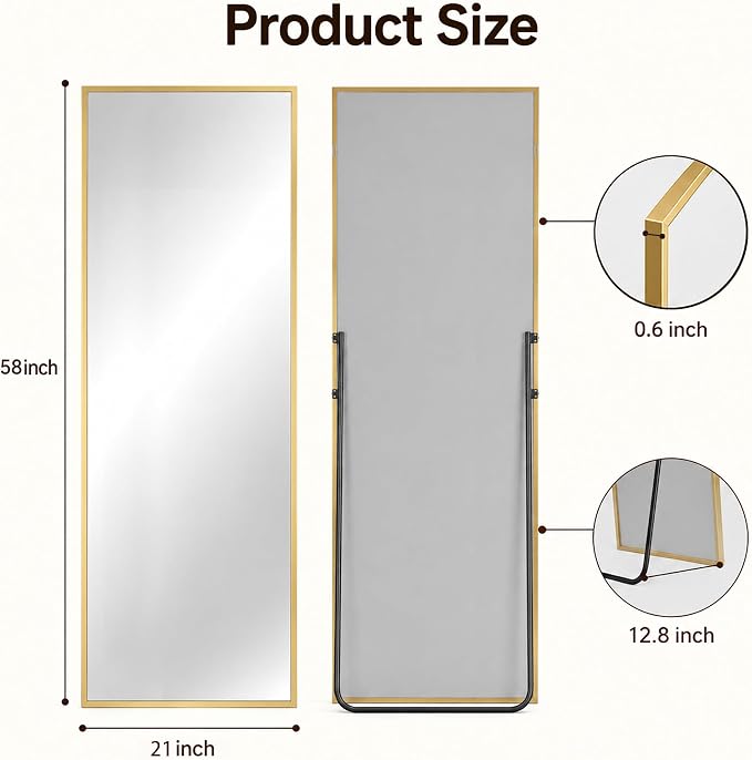 Antok Full Length Mirror, 58"x21" Floor Mirror with Stand, Hanging Mounted Mirrors for Bedroom, Living Room, Cloakroom, Dining Room, Gold, Rect