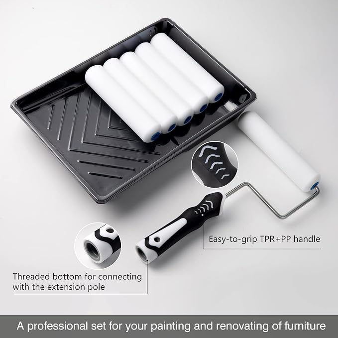 Mister Rui 9 Pack 6 Inch Foam Paint Roller Kit with Tray & Liners | High-Density Foam Rollers with Sturdy Tray & Disposable Liners. Ideal for Walls, Trim, Cabinets and Small Projects