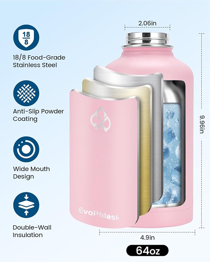 Insulated Water Bottle 64 oz with Carrier Bag, Pink | Stainless Steel, Vacuum Insulated Keep Cold 48 Hrs, Half Gallon Large Water Jug, For Travel, Sport, Gym, Hiking