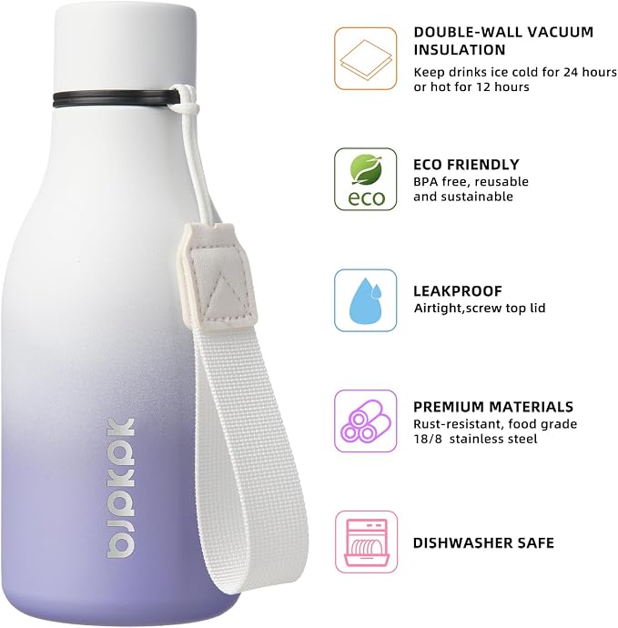 BJPKPK 12oz Insulated Water Bottle, Stainless Steel Bottle with Carry Strap | Keep Cold & Hot Vacuum Insulation, Leak-Proof BPA-Free Design, Slim Bottle Fits Most Cup Holders for Gym, Office & Travel