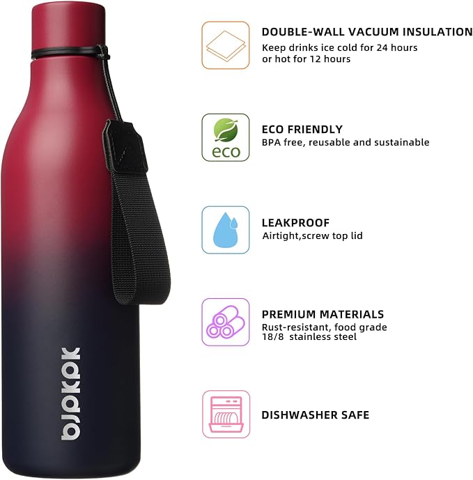 BJPKPK 25oz Insulated Water Bottle, Stainless Steel Bottle with Carry Strap | Keep Cold & Hot Vacuum Insulation, Leak-Proof BPA-Free Design, Slim Bottle Fits Most Cup Holders for Gym, Office & Travel