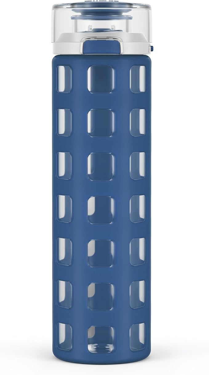 Ello Syndicate 20oz Glass Water Bottle with Flip Lid and Sleeve, Bold Blue | Glass water bottle for iced drinks with leakproof flip lid, silicone sleeve, carry loop, BPA-free, and dishwasher safe