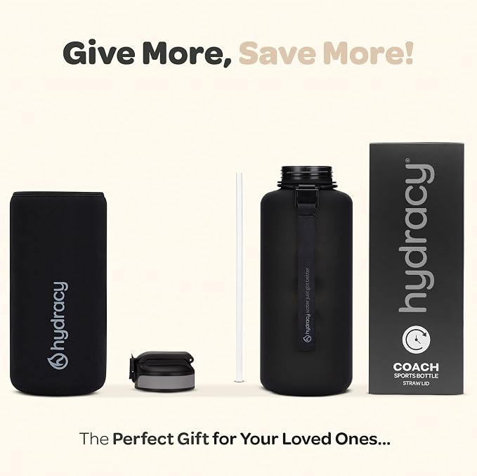 Hydracy 2L Large Water Bottle, Shatterproof, BPA Free Tritan Plastic, Leakproof, Zero Condensation, With Detachable Carry Strap, Spillproof Lid, Convenient Silicon Spout, Ideal for Gym, Yoga | Leakproof,BPA Free,No Sweat Neoprene Sleeve,Carry Strap,Dai...
