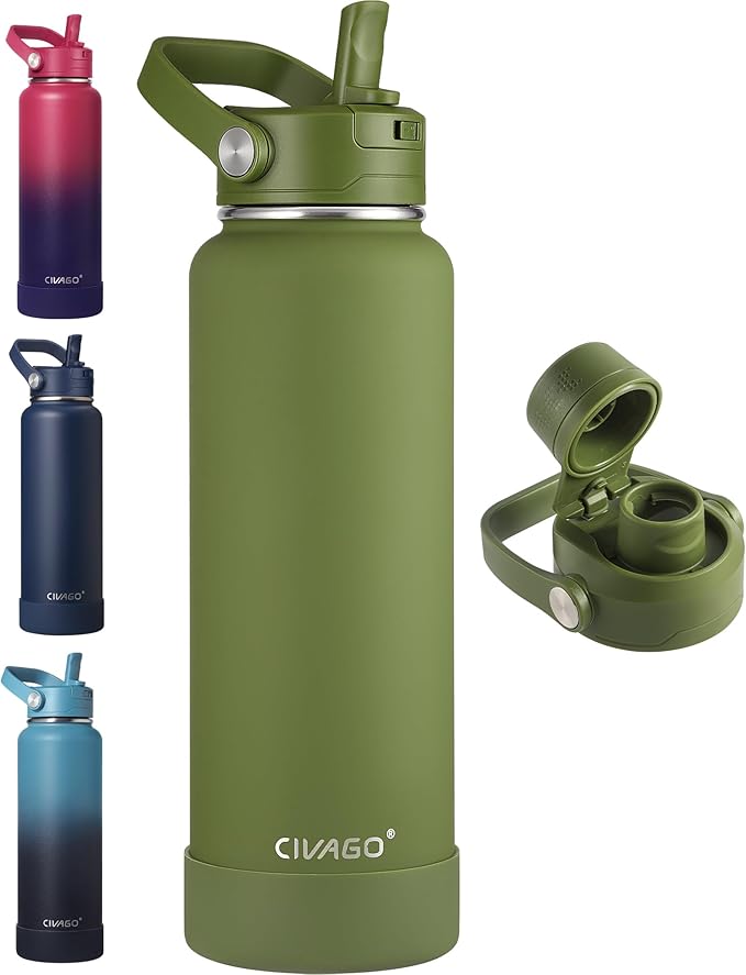 CIVAGO 40 oz Insulated Stainless Steel Water Bottle with Removable Straw | Large Leakproof Metal Water Jug, Sports Thermal Flask Cup with Bucket Handle, Silicone Boot, Dishwasher Safe, Army Green