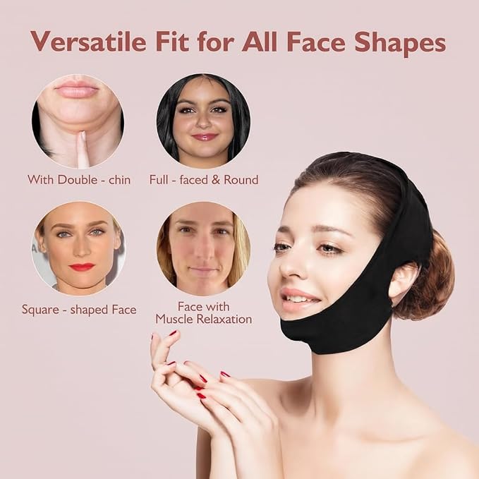 Jawline Shaper Chin Strap for Sleeping, Reusable V-Line Mask for Women Face Lifting Made w/Electric-Hot-Press Tech for Skin-Friendly & Breathable Cooling Fabric (Pure Black, One Size)