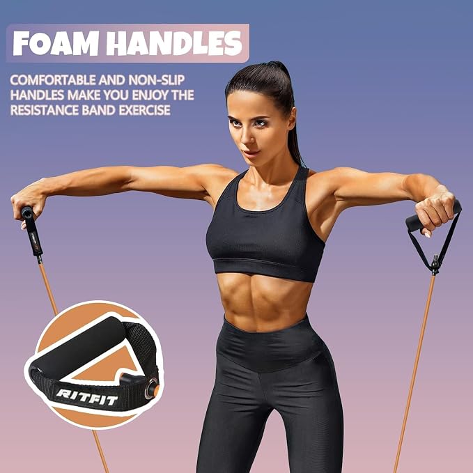 RitFit Single Resistance Bands with Handles Door Anchor for Home Gym | Door Anchor, Workout Guidance included, Exercise Bands for Physical Therapy, Yoga, Strength Training